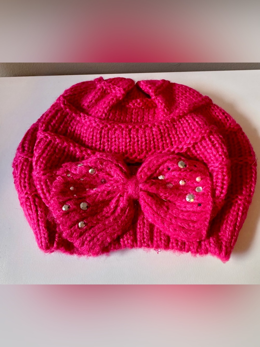 Claire's Hot Pink Knit Bow Beanie with Gem Studs
